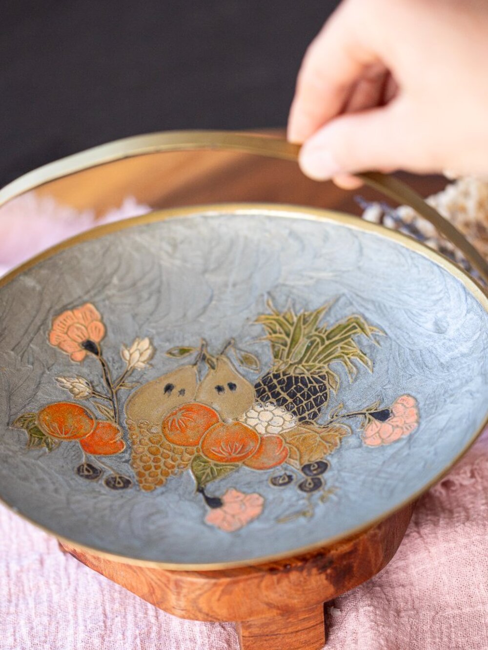 Vintage Brass Bowl with Handle | Painted Enamel Decorative Bowl